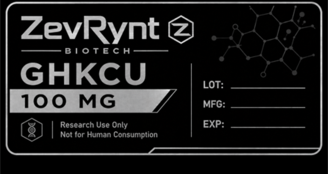 ZevRynt Biotech GHKCU 100 MG research label with lot, manufacture and expiry fields